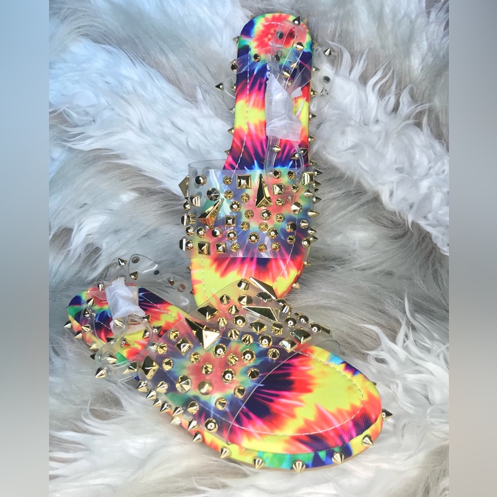 Brand new open toe strap studded sandals. Tye dye sole, gold studs.